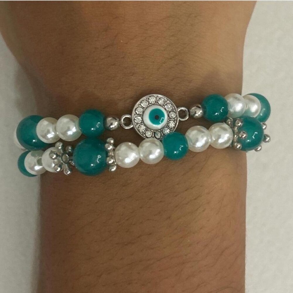 Turquoise and Silver Evil Eye Bracelet Set - Picture 1 of 4